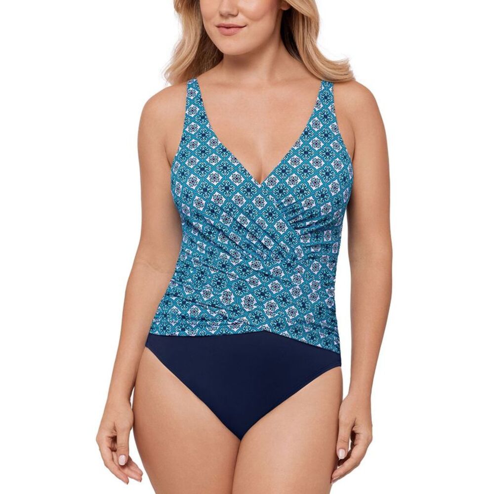 Swim Solutions Womens Surplice Tummy-Control One-Piece Swimsuit 8 Blue - NWT